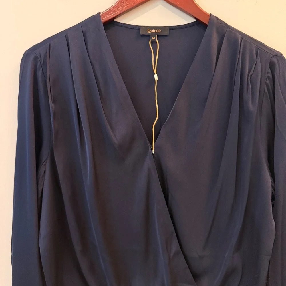Quince Washable Stretch Silk Surplice Bodysuit Wrap Front Long Sleeve Date Navy
